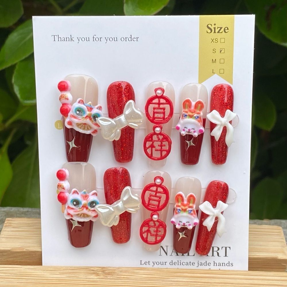 New Handmade Chinese New Year 3D Nail Art Set w/Red & White Accents Small